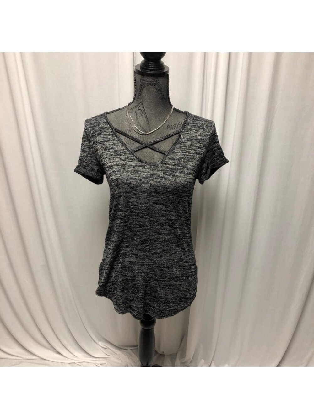 ana Knit Top Womens Size XS Heathered Criss Cross V Neck Short Sleeve Comfy